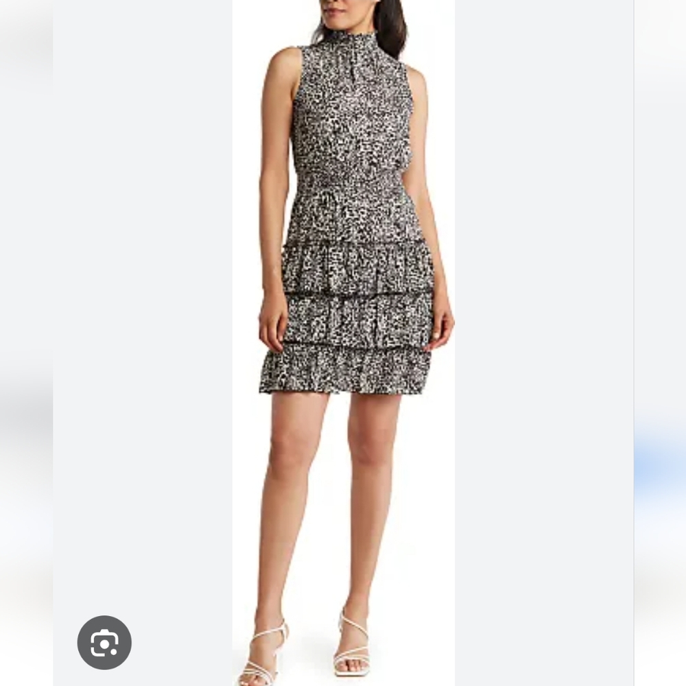 Nanette Lepore Sleeveless Ruffle Tiered  Mini Dress. Black Cream 654-1 Print - Picture 12 of 12